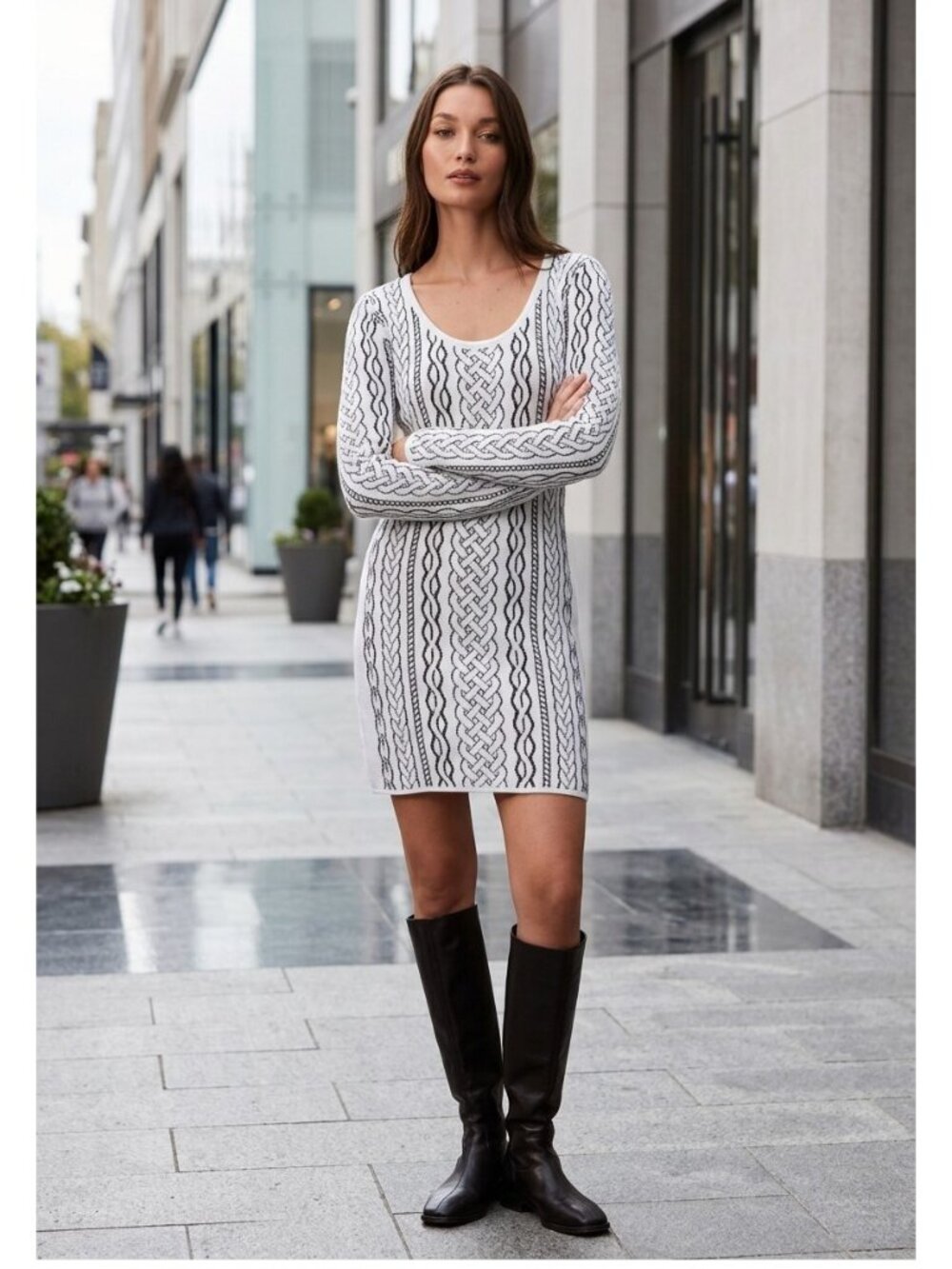 CALVIN KLEIN CABLE PRINT WHITE LONG SLEEVE SWEATER DRESS - Picture 1 of 9